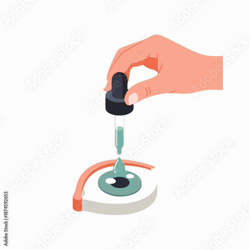 Close-up of a hand holding a dropper with liquid medicine being applied to an eye, symbolizing eye care and treatment.
