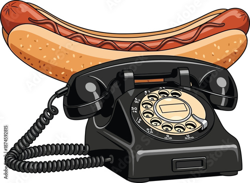 A hot dog on a vintage rotary telephone, a humorous and unexpected combination of food and communication technology