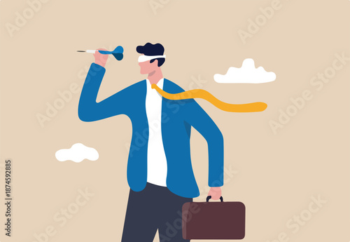 Unclear target or blind business vision, leadership failure or mistake aiming goal, untrained or uneducated management concept, confused businessman blindfold throwing dart.