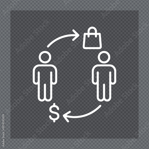 Direct Peer-to-Peer Commercial Transaction Icon Illustrating the Exchange of Goods for Monetary Payment Between Two Individuals in a Digital Marketplace.