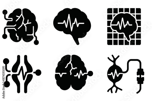 Cognitive Earthquake Mapping Icons. Solid style icons of cognitive earthquake mapping: neural fault circuit, brain-seismic pathway