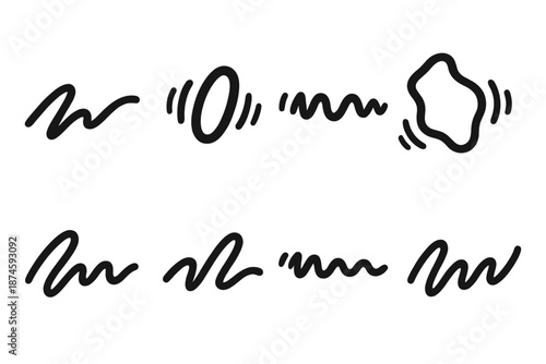 Vibrating Ink Icons. Solid style icons of vibrating ink lines: trembling signature, resonating mark, pulsing trace, oscillating