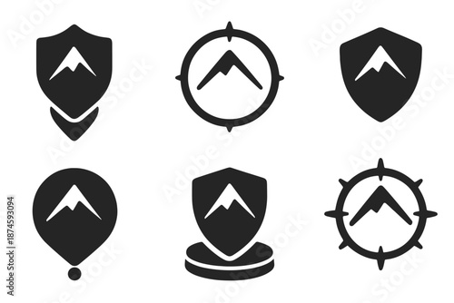 Shielded Ridge Icon. Solid style icons of a protective peak marker: shielded ridge sign, summit guardian compass, mountain crest