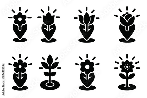 Glowing Floral Markers. Solid style icons of blossoming guide markers: glowing flower beacon, radiant petal light, bloom-based