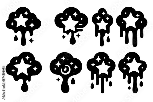 Luminous Celestial Droplets. Solid style icons of star clouds dripping sweet liquid: radiant nebula droplets, glowing stellar