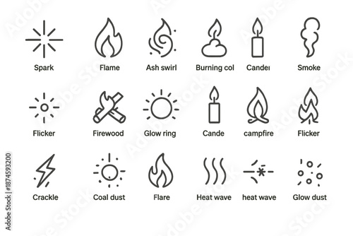 Line Style Fire Icons. Line style icons of embers and fire: spark, flame, ash swirl, burning coal, smoke, ember dot, firewood,
