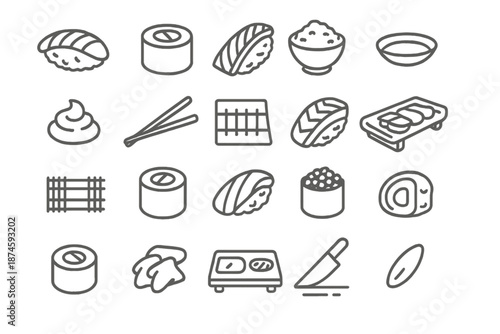 Sushi Icons Collection. Line style icons of sushi dishes: nigiri, maki roll, sashimi, rice bowl, soy sauce dish, wasabi,