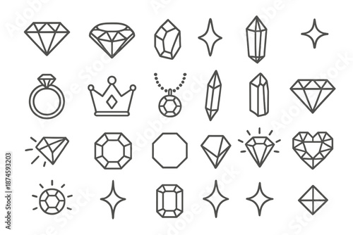 Gems and Jewels Icons. Line style icons of diamonds and gems: cut diamond, jewel, gem facet, crystal, prism, sparkle, ring stone,