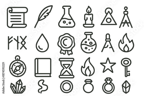Alchemical Icon Set. Line style icons of alchemical writing: scroll, quill, flask, candle, symbol, runes, ink drop, wax seal,