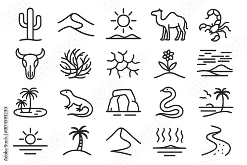 Desert Icon Symphony. Line style icons of desert landscape: cactus, sand dune, sun, camel, scorpion, skull, tumbleweed, cracked