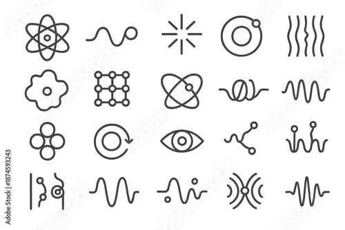 Quantum Mechanics Icons. Line style icons of quantum mechanics: atom orbit, wave particle, photon, energy ring, probability cloud,