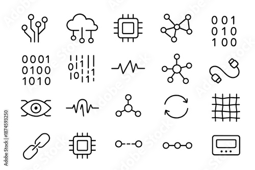 Cyber Data Icons. Line style icons of cyber data: circuit board, data cloud, processor chip, neural grid, binary pattern, code