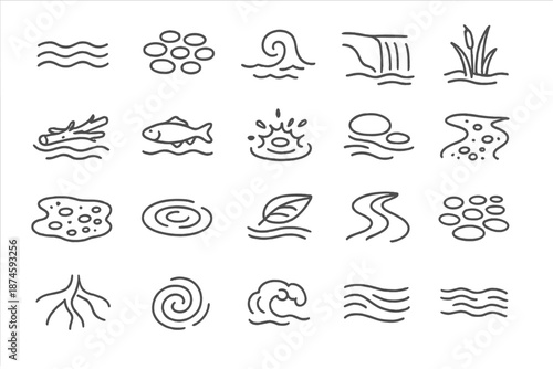 River Element Icons. Line style icons of river elements: flowing water, pebble bed, current wave, riverbank, waterfall, driftwood,