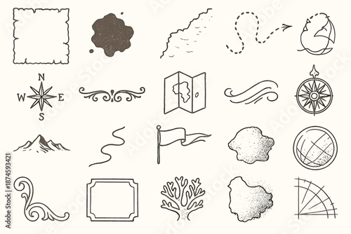 Vintage Cartography Icons. Line style icons of vintage cartography: parchment edge, ink blot, drawn coastline, ship route, compass