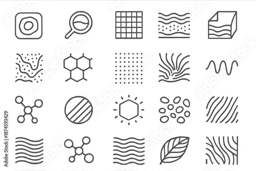 Biological Detail Icons. Line style icons of biological detail: skin cell, micro scale, texture grid, pigment line, pattern fold,