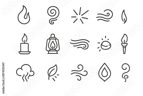 Fire and Air Elements. Line style icons of Fire and Air: flame tongue, smoke spiral, ember spark, gust swirl, candle flame,