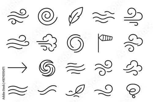 Wind Motion Icons. Line style icons of Wind Motion: gust swirl, spiral air, feather drift, wave line, air vortex, flowing curve,
