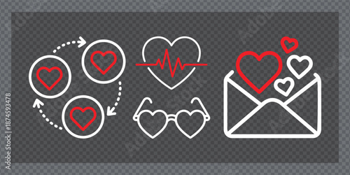 A collection of minimalist line art icons featuring red hearts depicting love letters, heart-shaped glasses, heartbeat monitors, and community sharing.