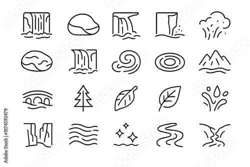 Waterfall Line Icons. Line style icons of Waterfall Scenery: waterfall, river rock, flowing stream, cliff edge, mist spray, moss