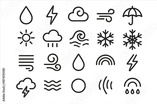 Weather Icons Collection. Line style icons of Weather Patterns: raindrop, lightning bolt, cloud swirl, wind gust, umbrella,
