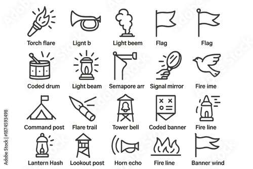 Battlefield Signal Icons. Line style icons of Battlefield Signals: torch flare, horn trumpet, smoke column, flag wave, coded drum,