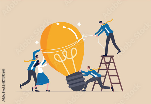 Brainstorming for new idea, teamwork collaboration for business development, innovation to get solution or creativity for business mission concept, business team people help stand the lightbulb idea.