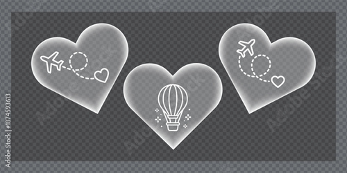 Elegant frosted glass heart symbols showcasing travel adventure concepts with airplanes, dashed flight trails, and a whimsical hot air balloon icon set.