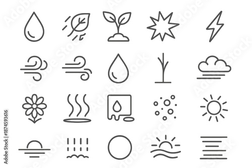 Seasonal Change Icons. Line style icons of Seasonal Change: raindrop, leaf fall, seed sprout, frost crack, thunder line, sun ray,