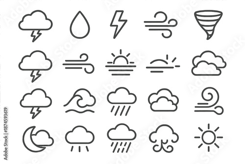 Weather Phenomena Icons. Line style icons of Weather Phenomena: thundercloud, rain drop, lightning flash, gust swirl, tornado cone