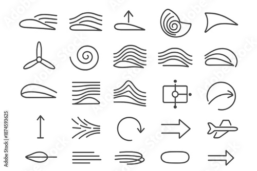 Aerodynamic Line Icons. Line style icons of Aerodynamic Design: wing outline, airflow curve, lift arrow, drag line, propeller