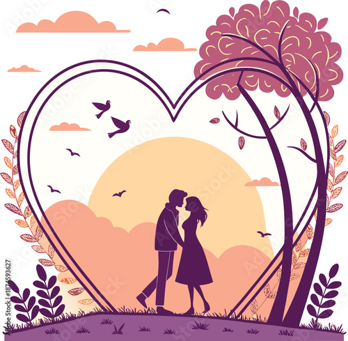 Romantic couple kissing on the beach at sunset in a love themed illustration