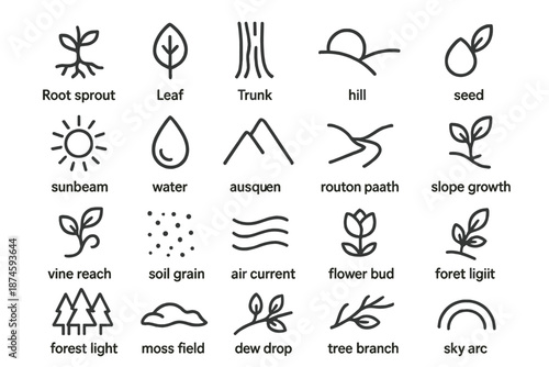 Nature's Growth Icons. Line style icons of Nature’s Growth: root sprout, leaf, trunk, hill, seed, sunbeam, water drop, mountain
