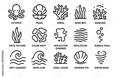 Marine Camouflage Icons. Line style icons of Marine Camouflage: octopus, pearl, coral reef, sand bed, kelp strand, rock texture,