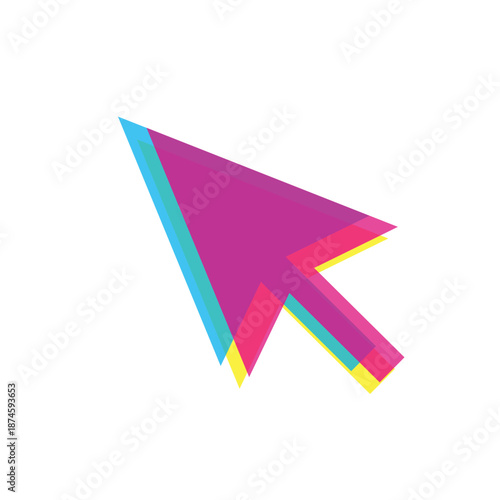 Creative cursor arrow icon with glitch effect and vibrant overlapping cmyk colors