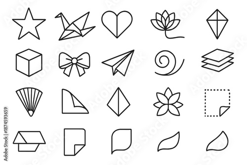 Paper Artistry Icons. Line style icons of Paper Artistry: origami star, folded crane, paper heart, blossom fold, kite shape,