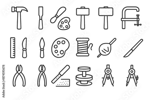 Artisan Tool Icons. Line style icons of Artisan Tools: hammer, chisel, saw, mallet, clamp, ruler, brush, palette, thread spool,
