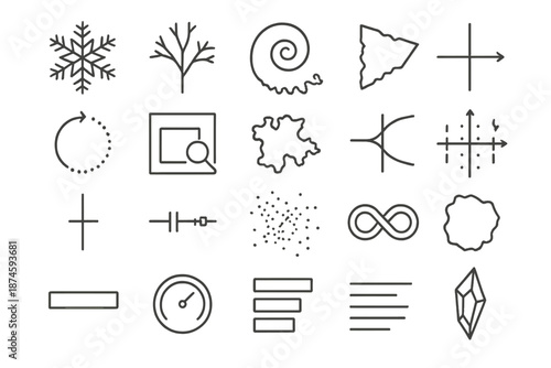 Fractal Crystal Icons. Line style icons of Fractal Crystal Patterns: fractal snowflake, recursive branch, self similar spiral,