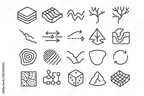 Algorithmic Geology Icons. Line style icons of Algorithmic Geology Structures: layered terrain profile, heightmap grid, noise