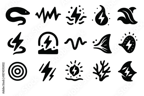 Electric Marine Icons. Solid style icons of Electric marine current: eel silhouette, spark wave, glowing current, power pulse,