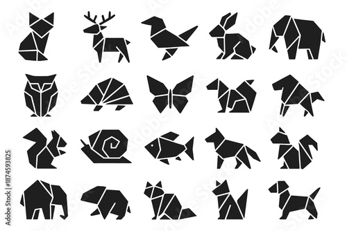 Origami Forest Creatures. Solid style icons of Origami Forest Creatures: folded fox, folded deer, folded bird, folded rabbit,