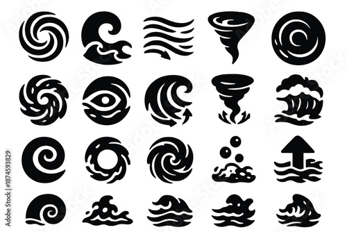 Ocean Vortex Icons. olid style icons of Ocean Vortex: whirlpool, spiral wave, sea current, spinning water, deep sinkhole, foam
