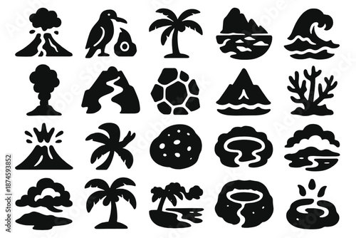 Volcanic Island Elements. Solid style icons of Volcanic Island: active volcano, lava river, palm tree, rocky shore, ocean wave,