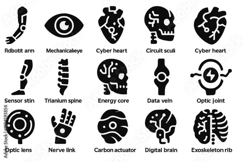 Cybernetic Anatomy Icons. Solid style icons of Cybernetic Anatomy: robotic arm, mechanical eye, neural implant, cyber heart,