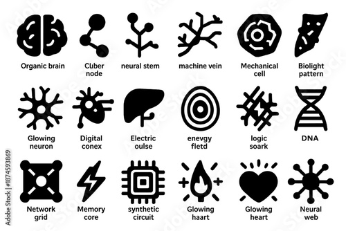 Bio-Digital Fusion Icons. Solid style icons of Bio-Digital Fusion: organic brain, cyber node, neural stem, machine vein,