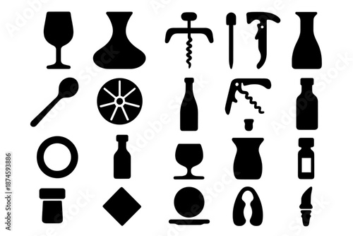 Wine Tasting Tools Icons. Solid style icons of Wine Tasting Tools: wine glass, decanter, corkscrew, bottle opener, tasting spoon,