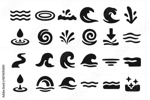Water Movement Icons. Solid style icons of Water Movement: current line, ripple wave, foam crest, water splash, droplet fall,