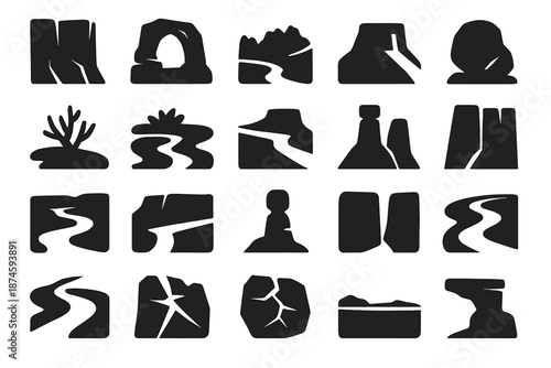 Canyon Landscape Icons. Solid style icons of Canyon Landscape: cliff wall, sandstone arch, rocky ridge, boulder, desert shrub, dry