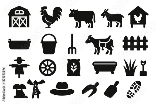 Farmyard Icons Collection. Solid style icons of Farmyard Life: barn door, rooster, cow, pig, chicken coop, water trough, feeding