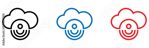 Cloud data transfer and network storage icon set with wireless signal representation