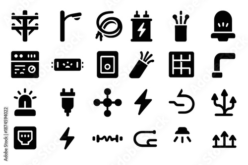 City Illumination Icons. Solid style icons of City Illumination Network: power line, streetlight pole, energy cable, transformer